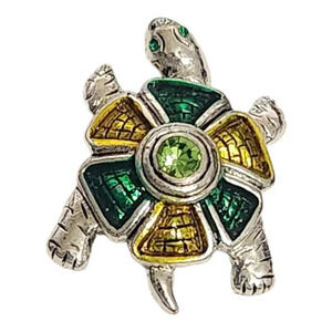 Silver Tone Turtle Pin Green & Yellow Enamel Accents Vintage‎